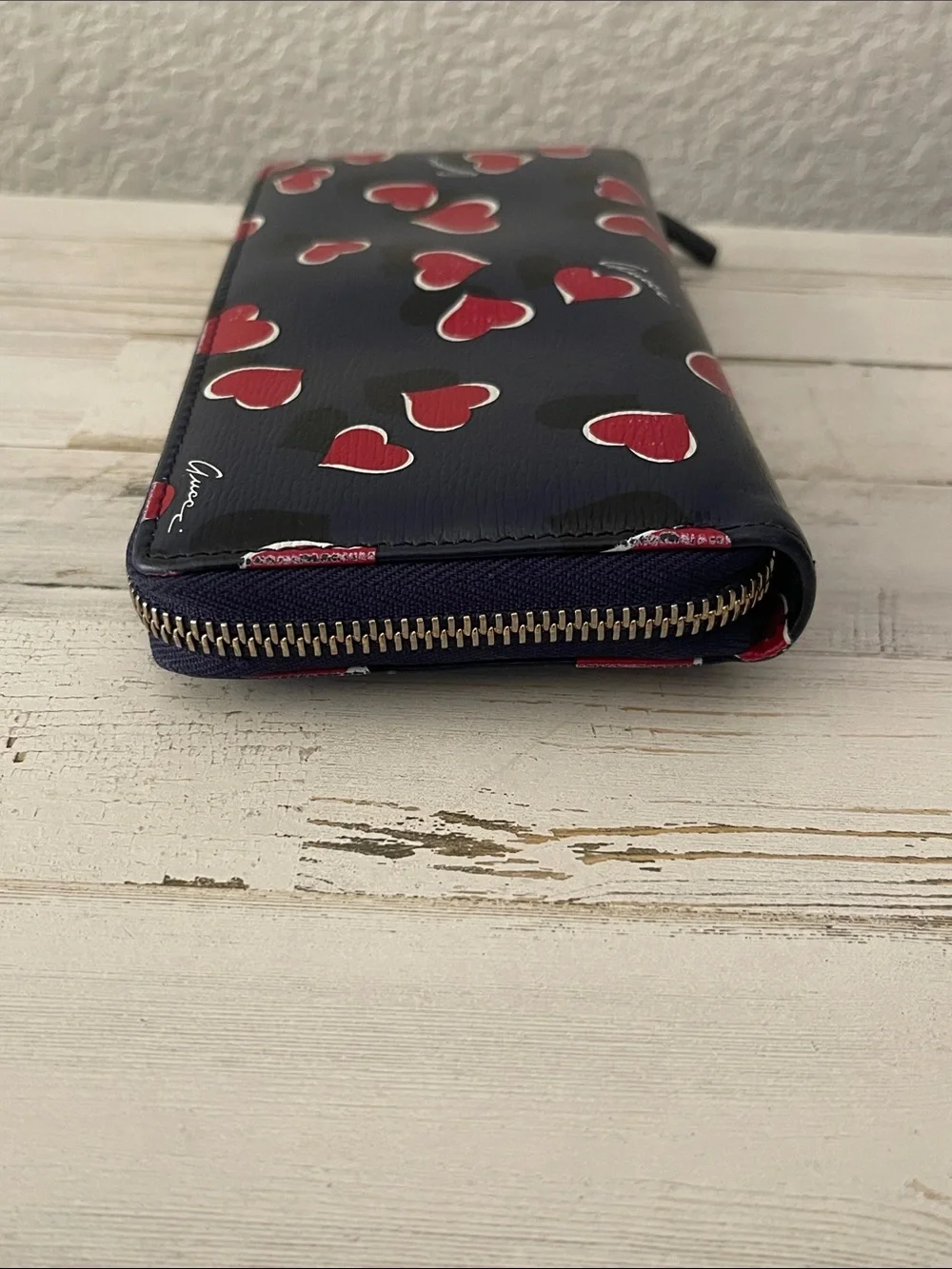 Gucci Betty Heart Print Zip Around Continental Wallet Navy Leather